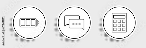 Set line Calculator, Battery charge level indicator and Speech bubble chat icon. Vector