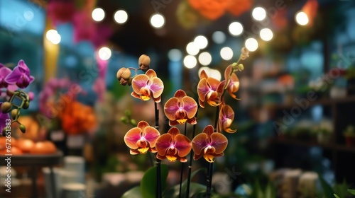 Orchids in the flower shop with bokeh background. Mother's day concept with a space for a text. Valentine day concept with a copy space.