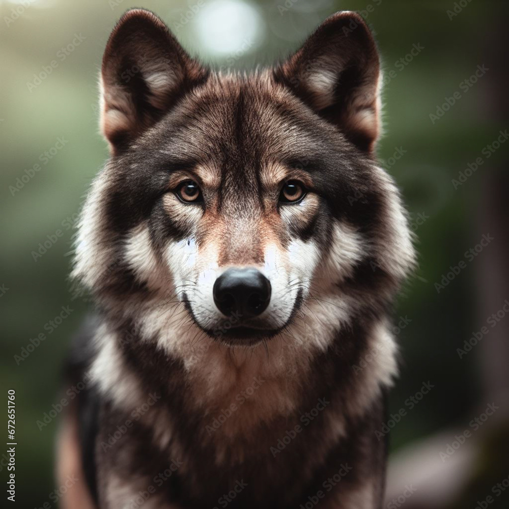 Obraz premium wolf looking at camera with blurred nature background