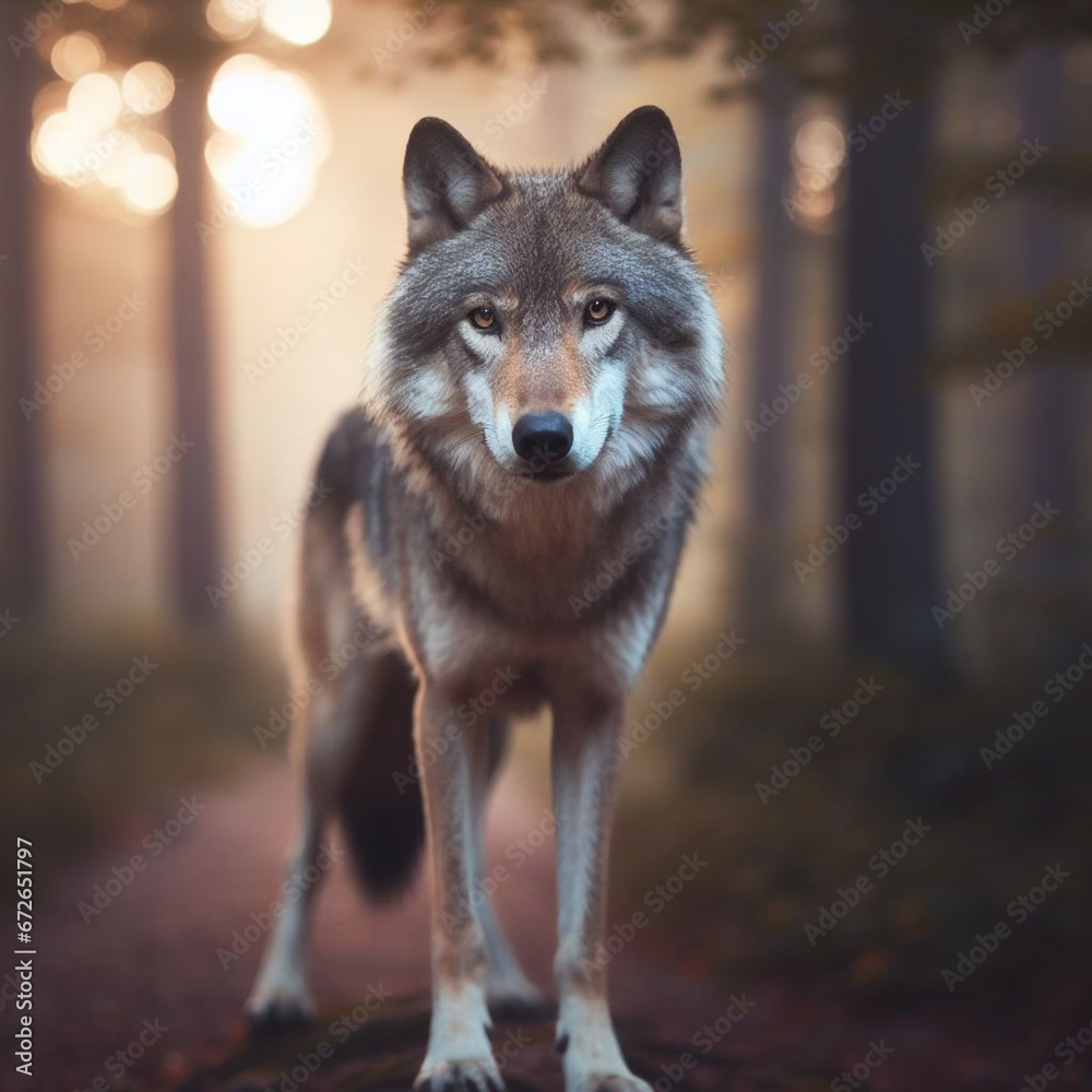 Obraz premium wolf looking at camera with blurred nature background