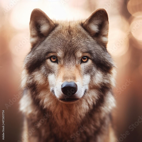 wolf looking at camera with blurred nature background