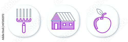 Set line Apple, Garden rake in work and Farm house icon. Vector