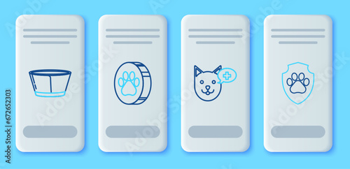 Set line Paw print, Veterinary clinic symbol, Protective cone collar and Animal health insurance icon. Vector