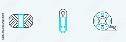 Set line Tape measure, Sewing thread on spool and Classic closed steel safety pin icon. Vector
