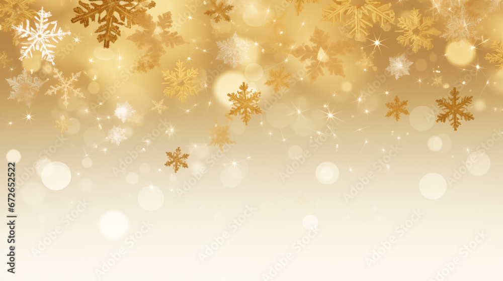 Złote świąteczne zimowe tło na baner, tapetę lub życzenia świąteczne na Boże Narodzenie. Zimowe śnieżynki, płatki śniegu. - obrazy, fototapety, plakaty 