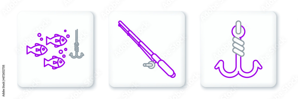 Set line Fishing hook, under water with fish and rod icon. Vector Set line Fishing hook, under water with fish and rod icon. Vector