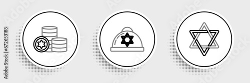 Set line Star of David, Jewish coin and kippah with star david icon. Vector photo