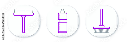 Set line Mop, Squeegee, scraper, wiper and Plastic bottles for liquid dishwashing liquid icon. Vector