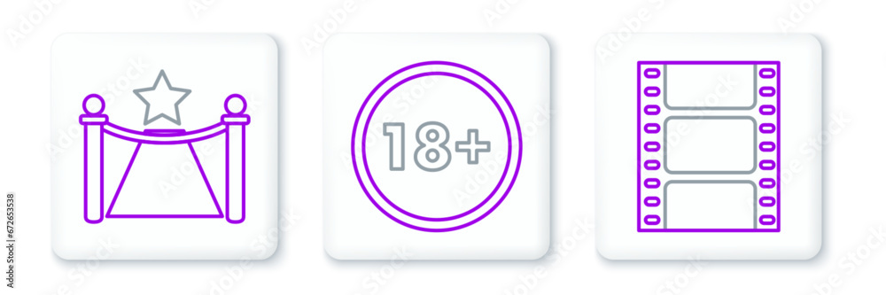 Set line Play Video, Carpet with barriers and star and Under 18 years icon. Vector Set line Play Video, Carpet with barriers and star and Under 18 years icon. Vector