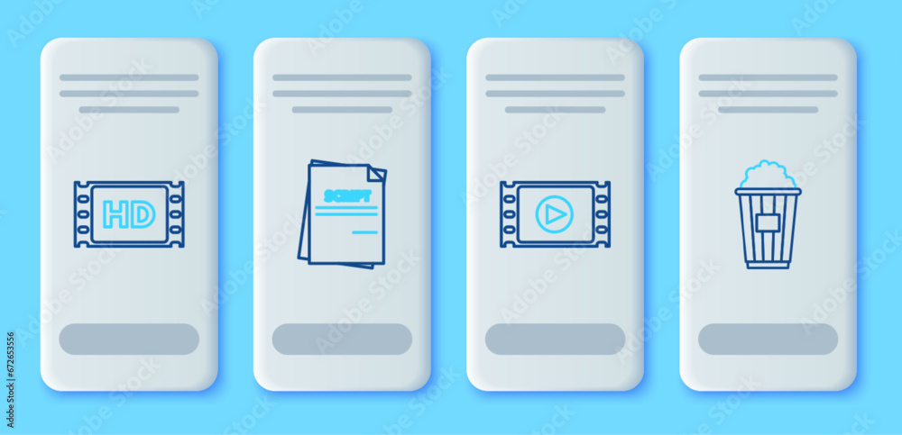 Set line Scenario, Play Video, 4k movie, tape, frame and Popcorn in cardboard box icon. Vector Set line Scenario, Play Video, 4k movie, tape, frame and Popcorn in cardboard box icon. Vector