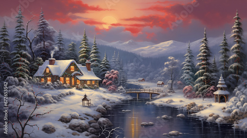 Beautiful Christmas Landscape with House  Mountains  Forest and River