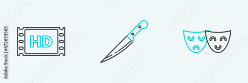 Set line Comedy and tragedy theatrical masks, 4k movie, tape, frame and Knife icon. Vector