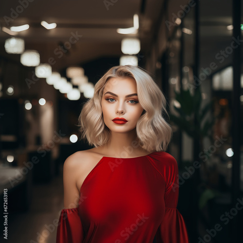 Elegant Woman with Chic Bob Haircut in a Stylish Red Dress at a Sophisticated Evening Event with Warm Ambient Lighting