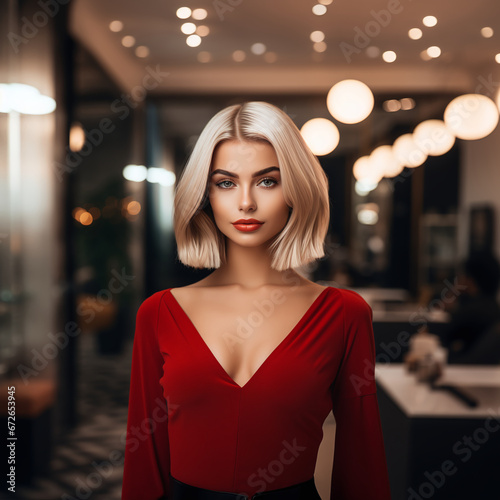 Elegant Woman with Chic Bob Haircut in a Stylish Red Dress at a Sophisticated Evening Event with Warm Ambient Lighting