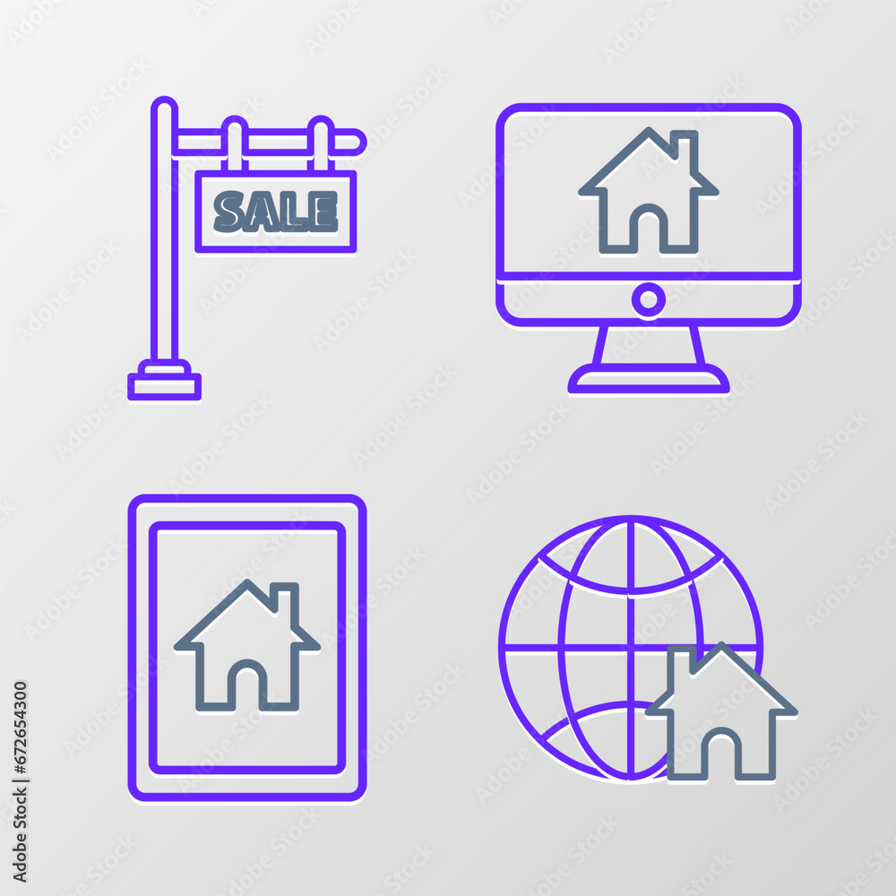 Set line Globe with house symbol, Tablet and smart home, Computer monitor and Hanging sign text Sale icon. Vector Set line Globe with house symbol, Tablet and smart home, Computer monitor and Hanging sign text Sale icon. Vector