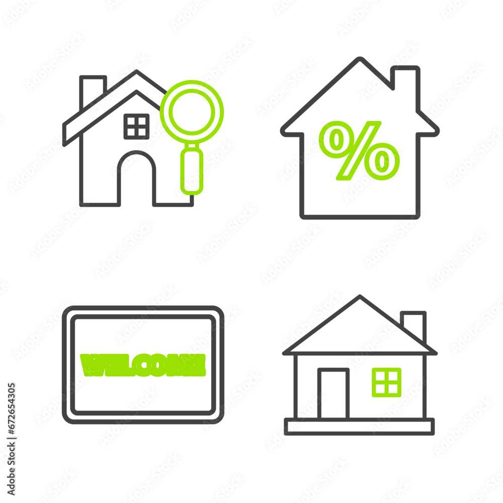 Set line House, Doormat with the text Welcome, percant discount tag and Search house icon. Vector Set line House, Doormat with the text Welcome, percant discount tag and Search house icon. Vector