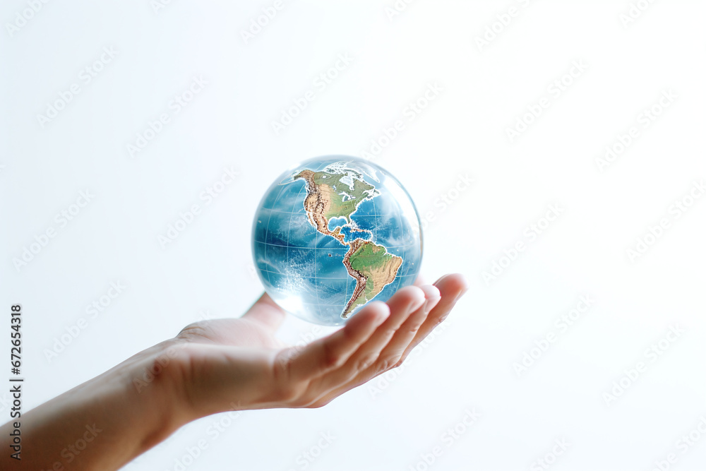 Human Hand Gently Holding a Transparent Globe Against a White Background Human Hand Gently Holding a Transparent Globe Against a White Background