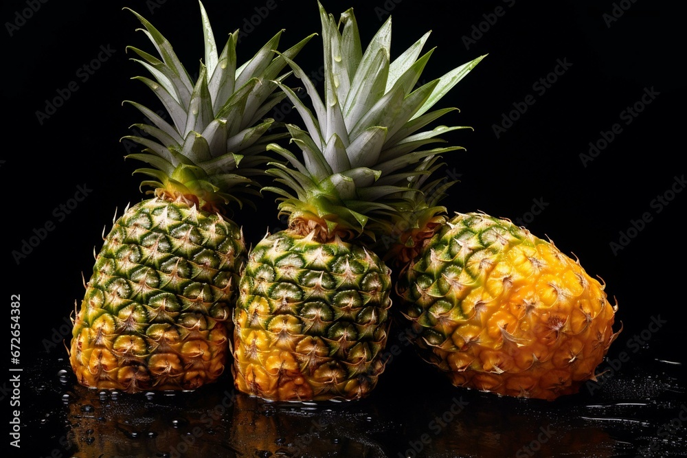 Realistic pineapples on black table with water drops from above. Generative AI
