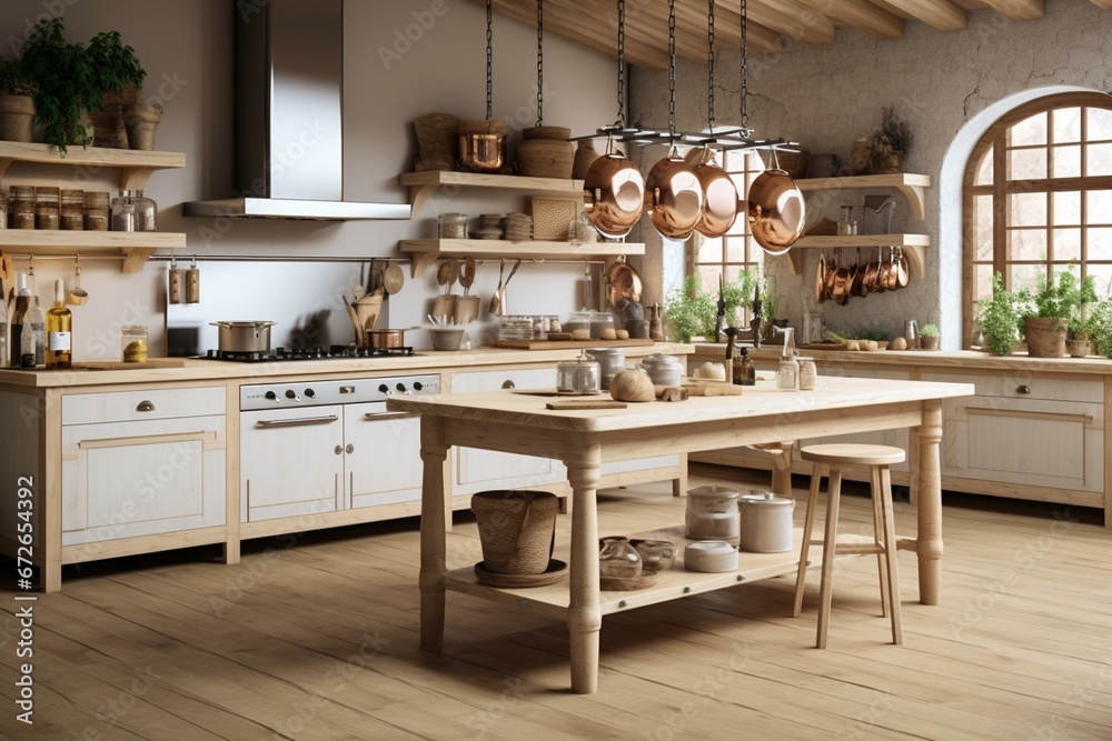 Nordic kitchen with island, sink, stove, kitchenware. Generative AI