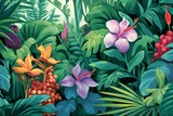 Illustration of lush tropical foliage and flowers in a vibrant summer theme. Generative AI