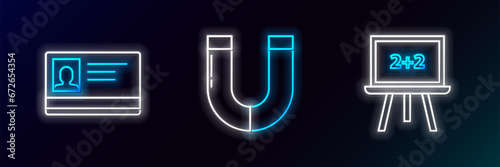 Set line Chalkboard, Identification badge and Magnet icon. Glowing neon. Vector