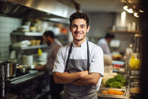 Portrait of a Cheerful Young Chef with Crossed Arms Standing in a Professional Kitchen