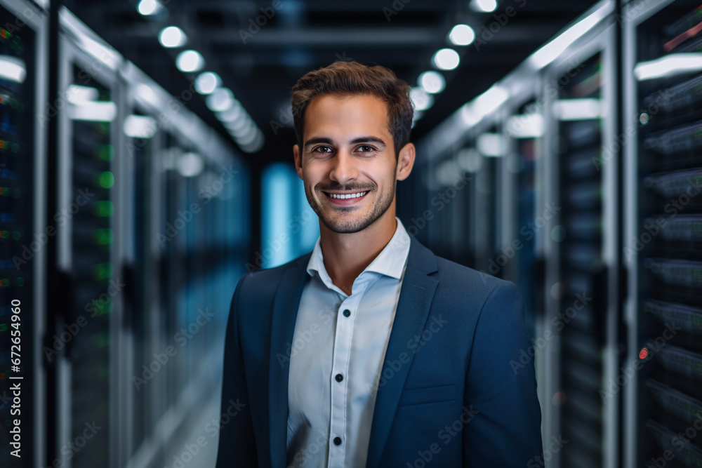 Smiling Male IT Expert Poses in Modern Data Center