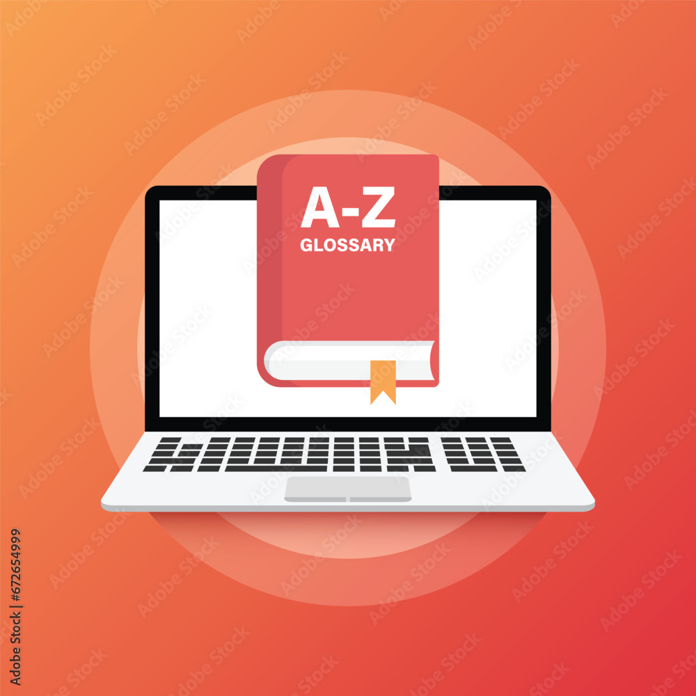 Glossary book with laptop icon in flat style. Guidebook encyclopedia vector illustration on isolated background. A-Z computer sign business concept. Glossary book with laptop icon in flat style. Guidebook encyclopedia vector illustration on isolated background. A-Z computer sign business concept.