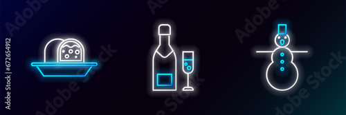 Set line Christmas snowman, Marzipan sponge cake and Champagne bottle and glass of champagne icon. Glowing neon. Vector