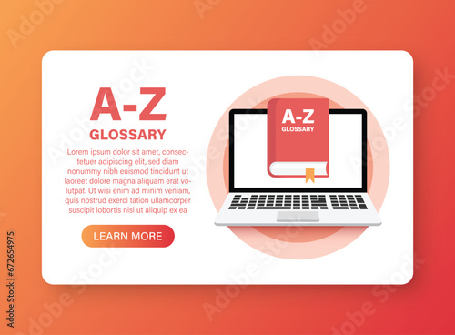 Glossary book with laptop icon in flat style. Guidebook encyclopedia vector illustration on isolated background. A-Z computer sign business concept.