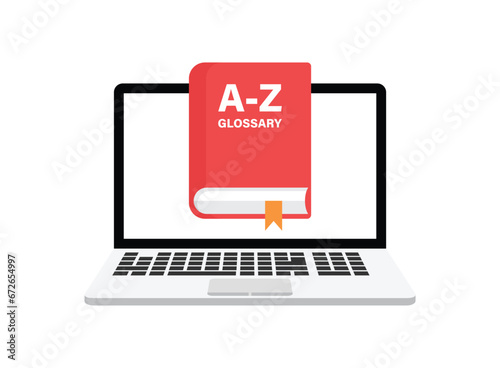Glossary book with laptop icon in flat style. Guidebook encyclopedia vector illustration on isolated background. A-Z computer sign business concept.