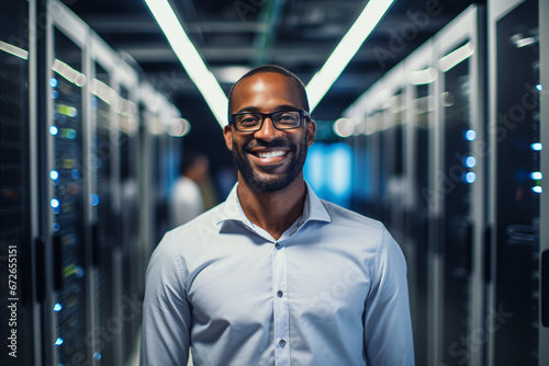 Smiling Male IT Expert Poses in Modern Data Center