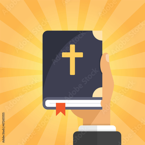 Holy bible in hand icon in flat style. Christianity book vector illustration on isolated background. Religion sign business concept.