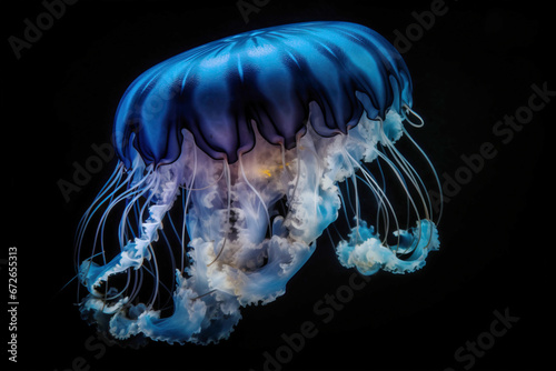 Blue jellyfish, rare close-up, dark background. AI generated.