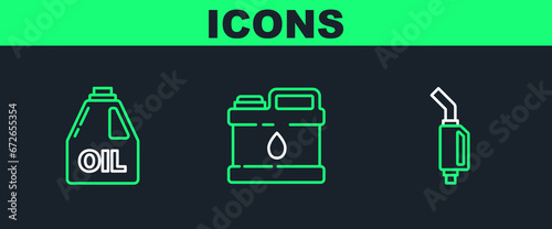 Set line Gasoline pump nozzle, Canister for motor machine oil and icon. Vector