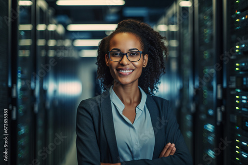 Confident Female IT Professional Standing in a Data Center