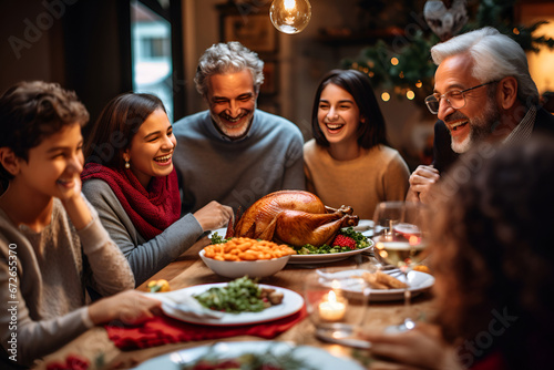 A festive family dinner featuring a delicious baked turkey for Christmas