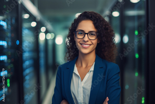 Confident Female IT Professional Standing in a Data Center