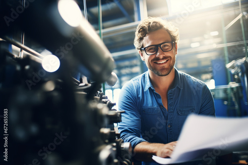 Skilled Mechanical Engineer Smiling Confidently in Industrial Workshop Environment