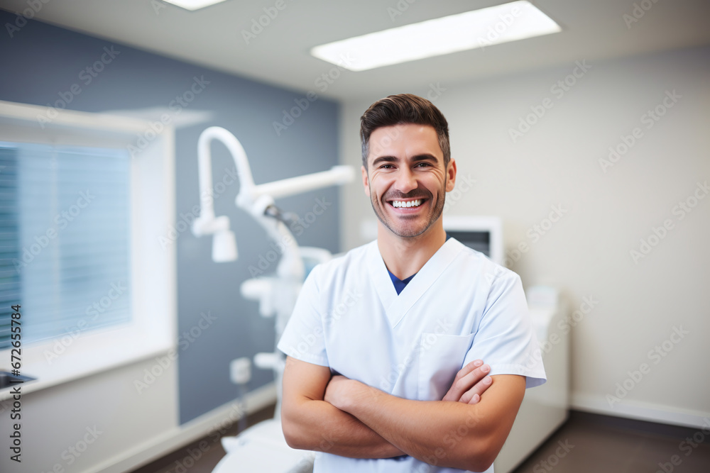 Confident Male Dentist Smiling in His Well-Equipped Dental Office