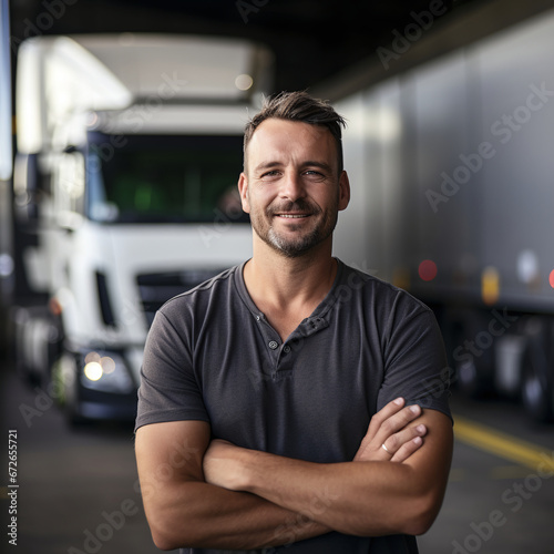 Confident Truck Driver Standing Proudly in Front of His Semi-Truck at a Shipping Warehouse
