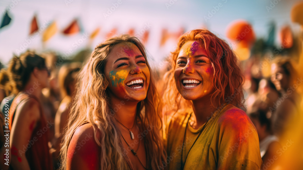 Joyous Friends Celebrating at a Colorful Holi Festival with Vibrant Painted Faces