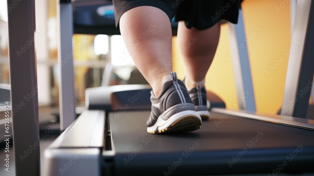 Legs of overweight man running on treadmill to get perfect body in gym with modern sports equipment