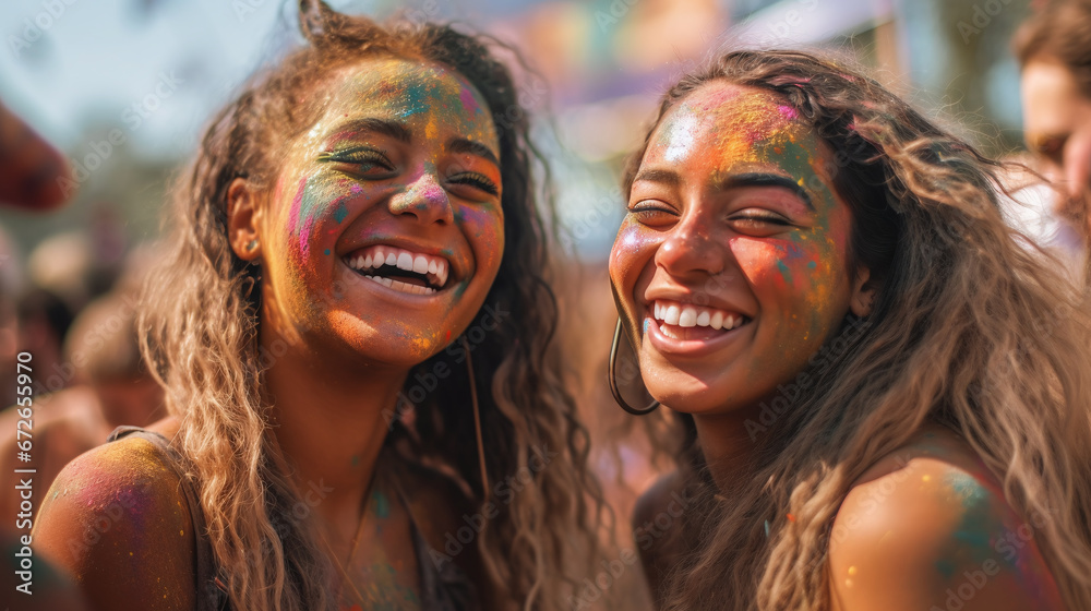 Joyous Friends Celebrating at a Colorful Holi Festival with Vibrant Painted Faces Joyous Friends Celebrating at a Colorful Holi Festival with Vibrant Painted Faces