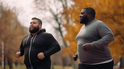 Fat male friends doing sports together running in park with yellow foliage on trees losing weight