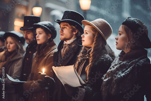Carolers in festive attire sing classic Christmas carols on a snowy street photo