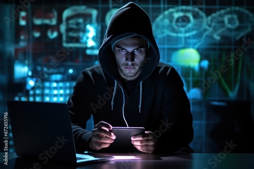 Male hacker with serious expression hacks websites using technology amid miscalculations in office photo