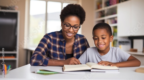 Happy African American mother and son do homework together reading book with school curriculum