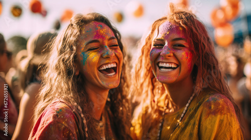 Joyous Friends Celebrating at a Colorful Holi Festival with Vibrant Painted Faces