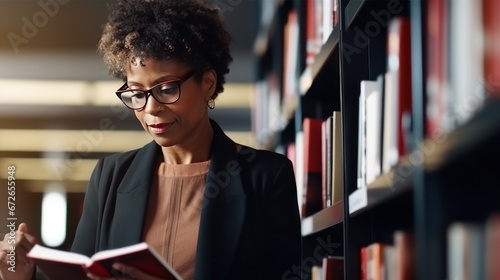 African American woman professor studies material in textbook standing near shelves in library